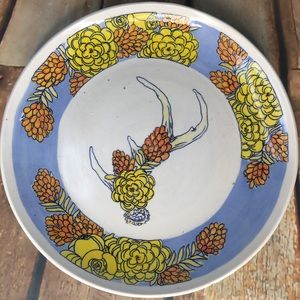 Handmade Dinner Plate with Deer Antler, Chrysanthemums, & Wild Flowers MAD